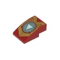 Slope, Curved 3 x 2 with Gold Iron Man Armor Plates and Metallic Light Blue Circle Arc Reactor with White Triangle Patte...